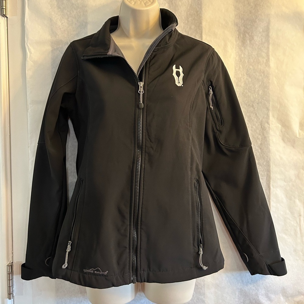 Eddie Bauer black soft‎ shell & inner fleece mens horse jacket Sz-S.  W10